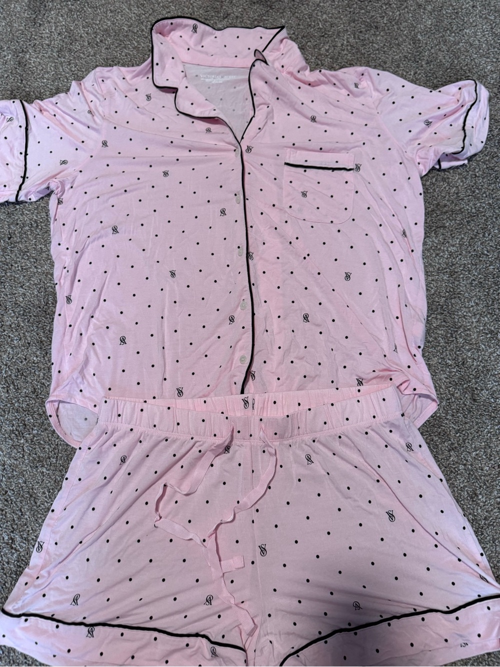 Womens Pink Victoria secret Short-Sleeve Pajama Set with Black Trim